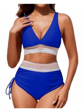 Zuvebamyo Royal Blue V-Neck High Waist Bikini Set with Lace Trim Size Small